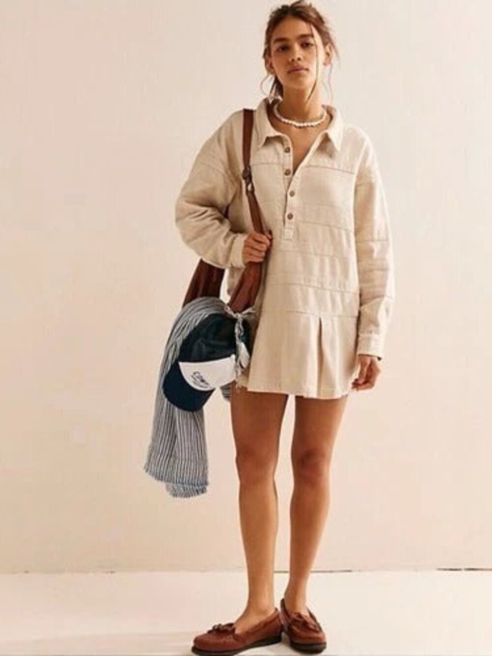 ☀️ Free People Free-est Checkin' In Ivory Collared Pleated Mini Tunic Top XS